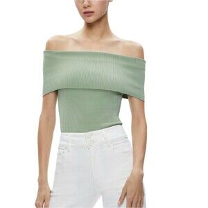 Alice + Olivia Sage Green Dolan Off Shoulder Pullover Ribbed Top S Pristine $275